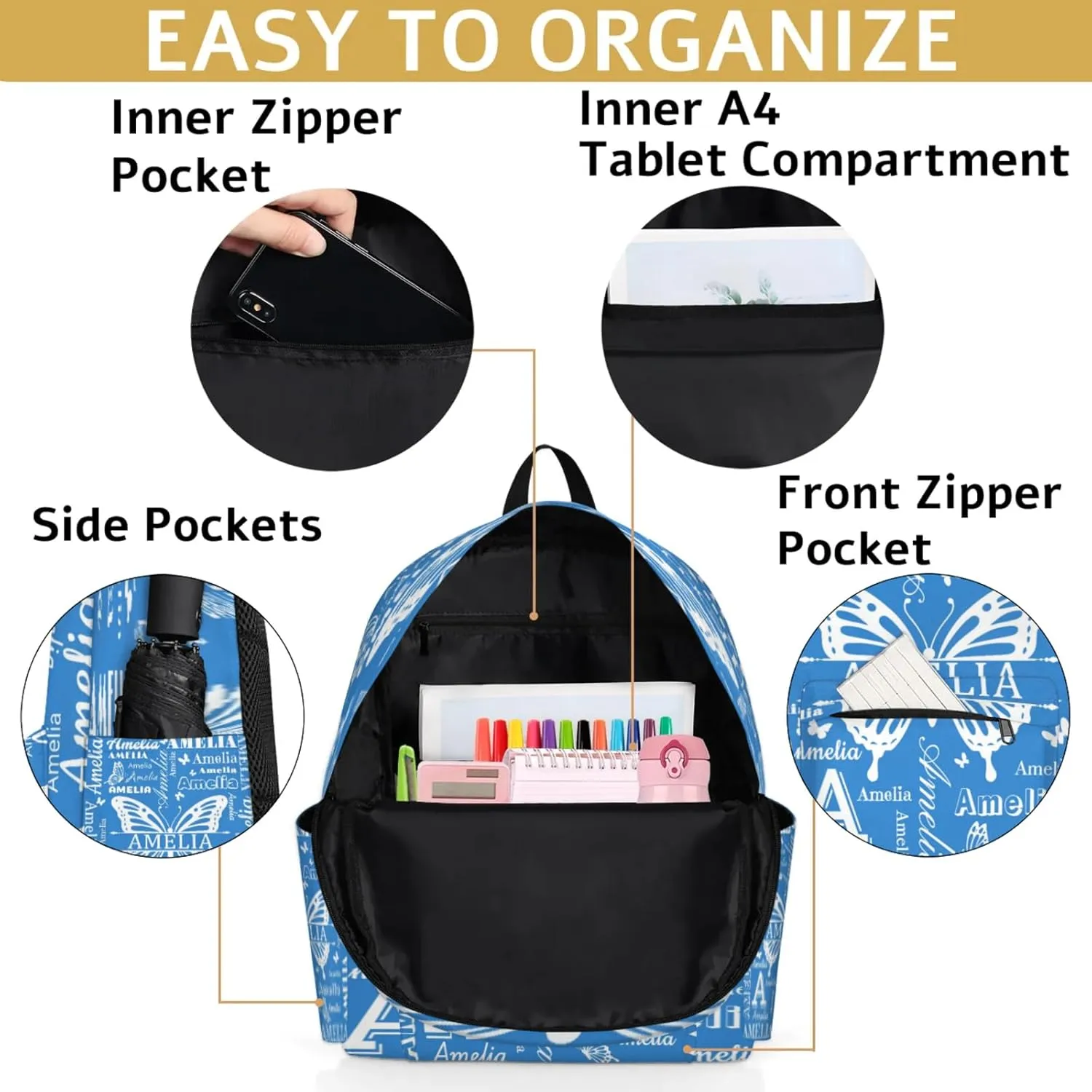 Custom Name Backpack for Travel, Personalized Casual Backpacks, Lightweight Custom Butterflies Daypack Bags with Chest Strap, Blue