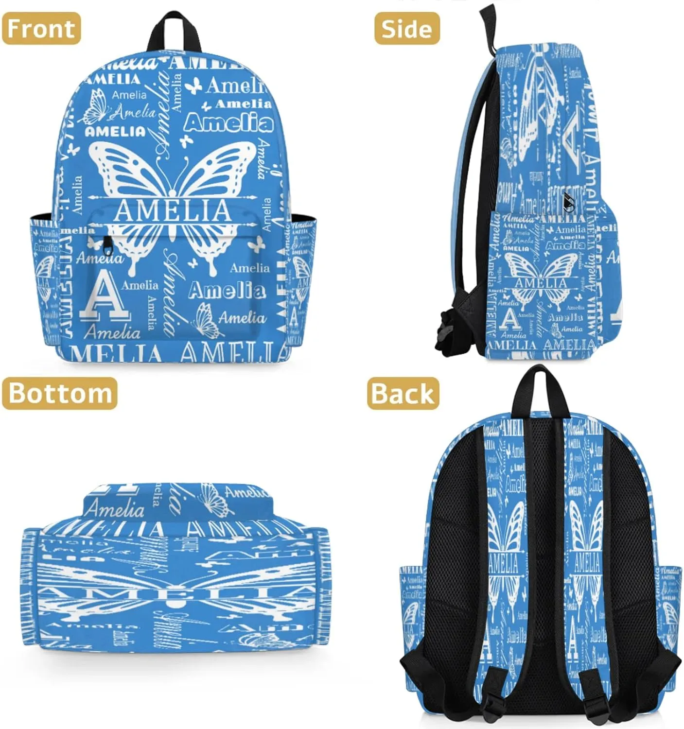 Custom Name Backpack for Travel, Personalized Casual Backpacks, Lightweight Custom Butterflies Daypack Bags with Chest Strap, Blue