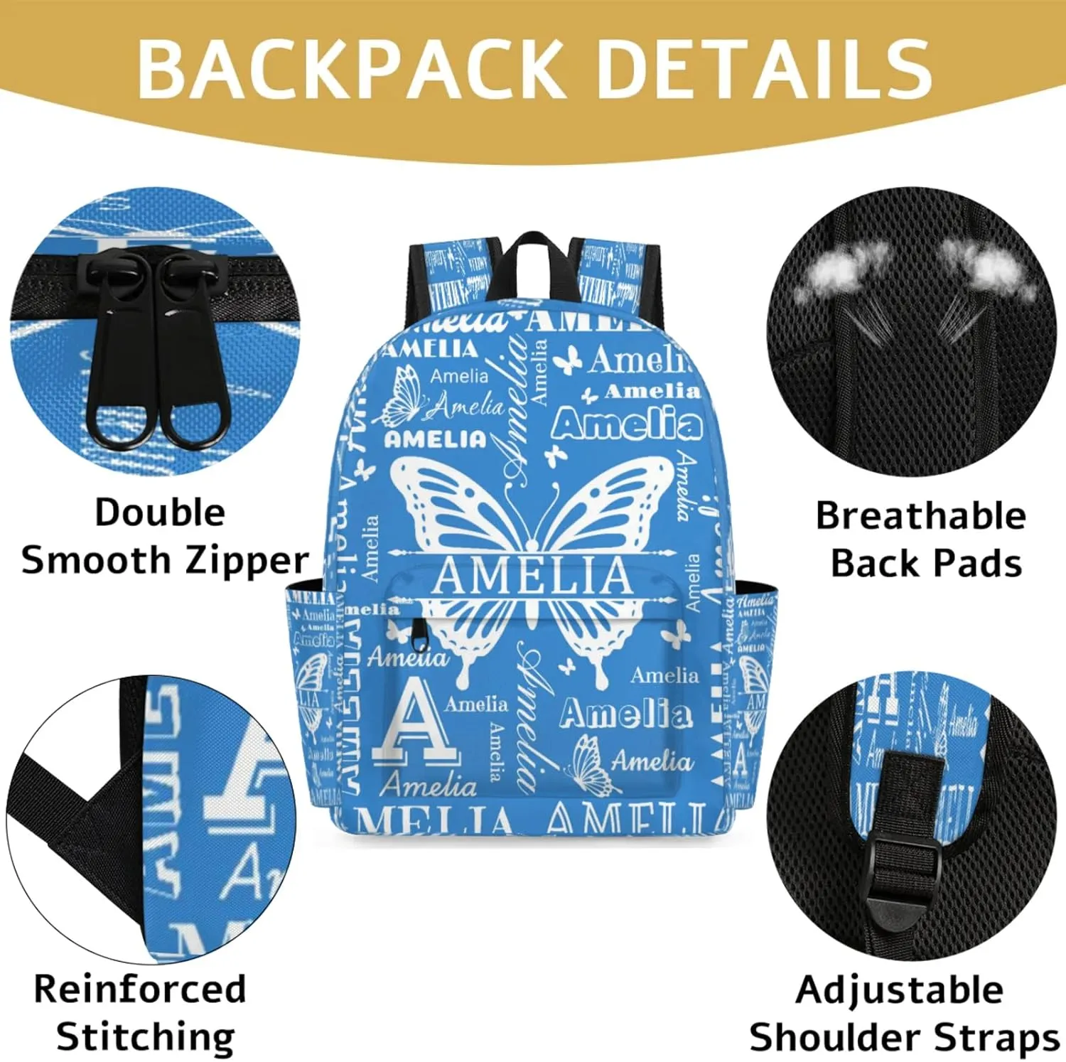 Custom Name Backpack for Travel, Personalized Casual Backpacks, Lightweight Custom Butterflies Daypack Bags with Chest Strap, Blue