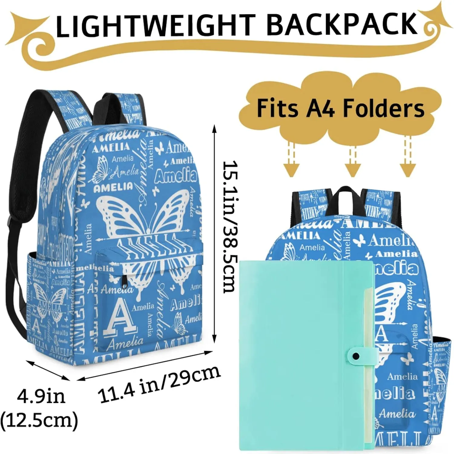 Custom Name Backpack for Travel, Personalized Casual Backpacks, Lightweight Custom Butterflies Daypack Bags with Chest Strap, Blue