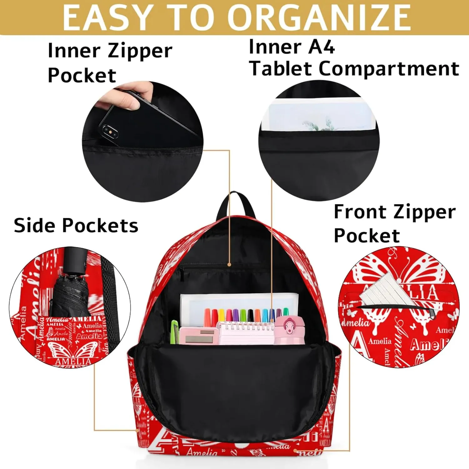 Custom Name Backpack for Travel, Personalized Casual Backpacks, Lightweight Custom Butterflies Daypack Bags with Chest Strap, Coral Red A