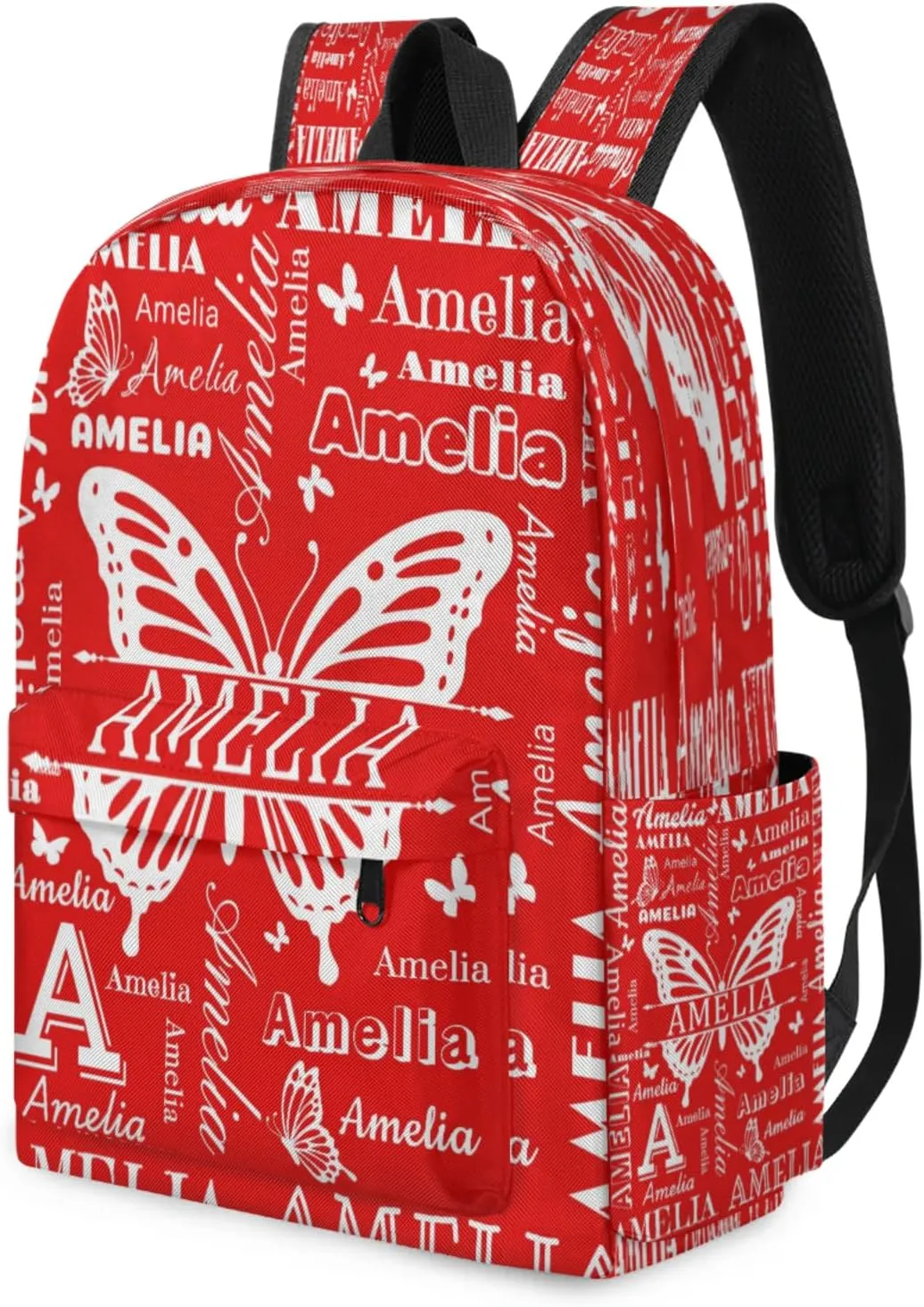 Custom Name Backpack for Travel, Personalized Casual Backpacks, Lightweight Custom Butterflies Daypack Bags with Chest Strap, Coral Red A