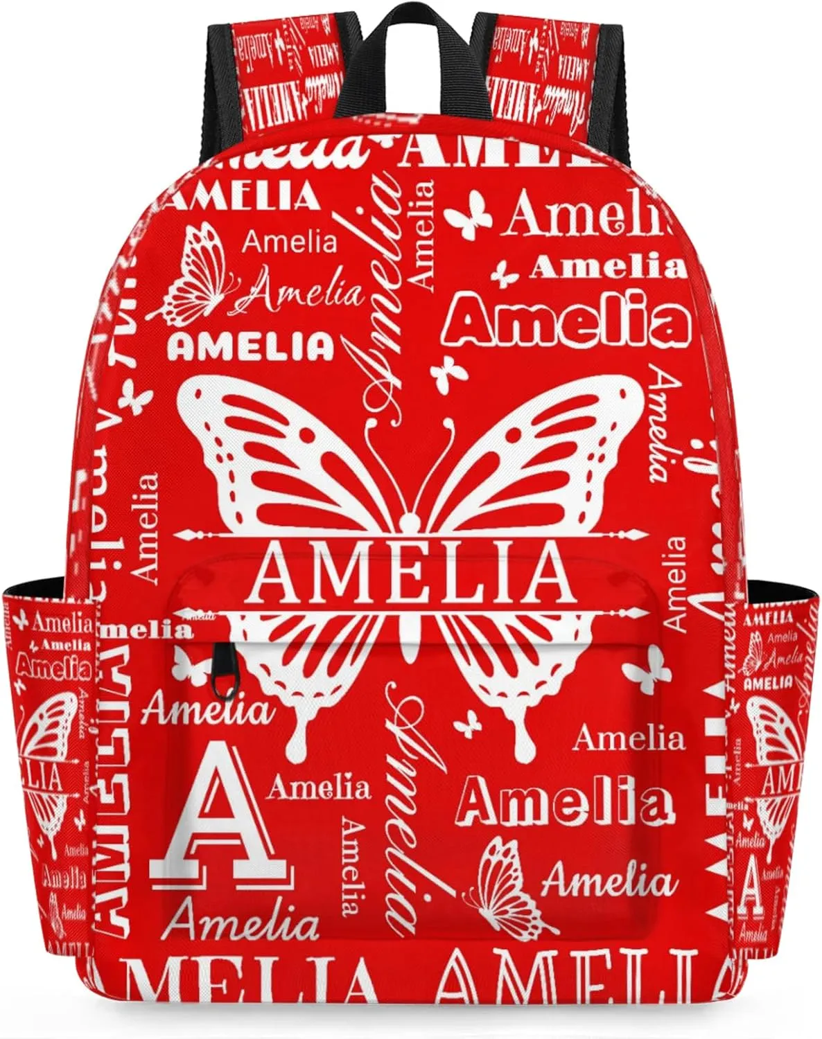 Custom Name Backpack for Travel, Personalized Casual Backpacks, Lightweight Custom Butterflies Daypack Bags with Chest Strap, Coral Red A