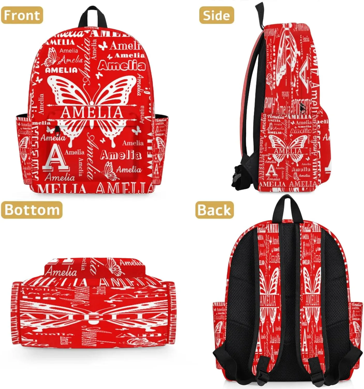 Custom Name Backpack for Travel, Personalized Casual Backpacks, Lightweight Custom Butterflies Daypack Bags with Chest Strap, Coral Red A