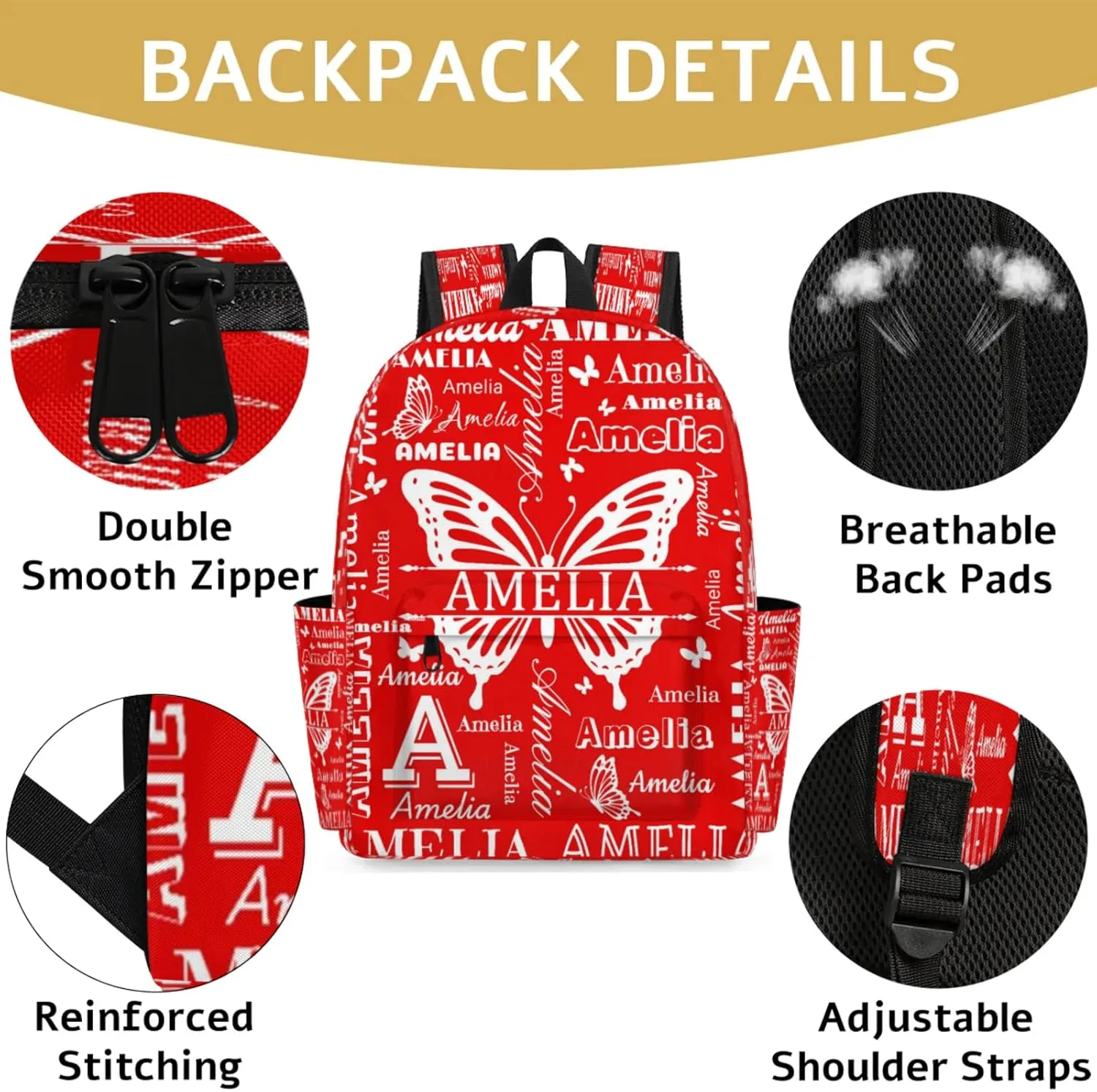 Custom Name Backpack for Travel, Personalized Casual Backpacks, Lightweight Custom Butterflies Daypack Bags with Chest Strap, Coral Red A