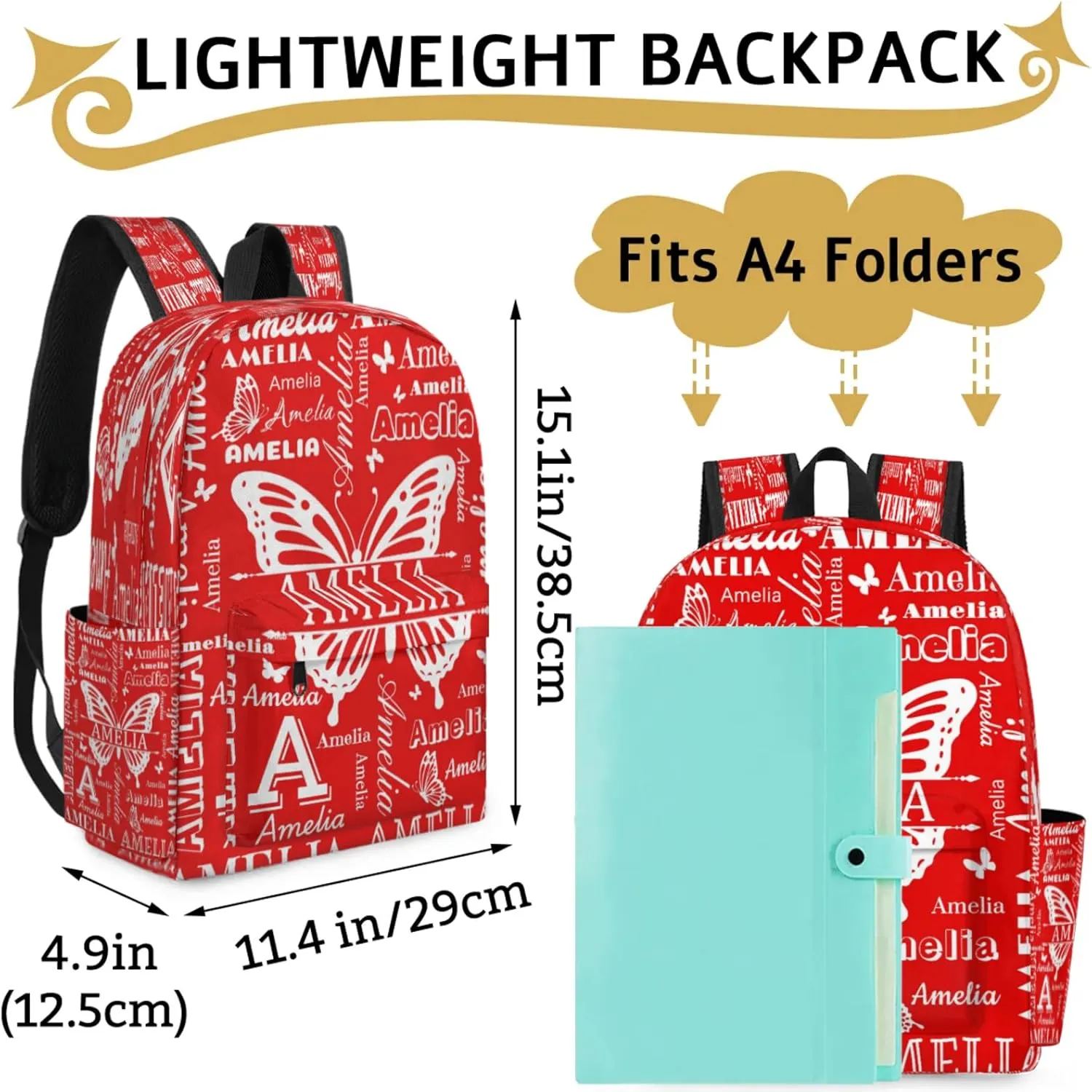 Custom Name Backpack for Travel, Personalized Casual Backpacks, Lightweight Custom Butterflies Daypack Bags with Chest Strap, Coral Red A