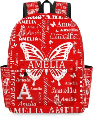 Custom Name Backpack for Travel, Personalized Casual Backpacks, Lightweight Custom Butterflies Daypack Bags with Chest Strap, Coral Red A