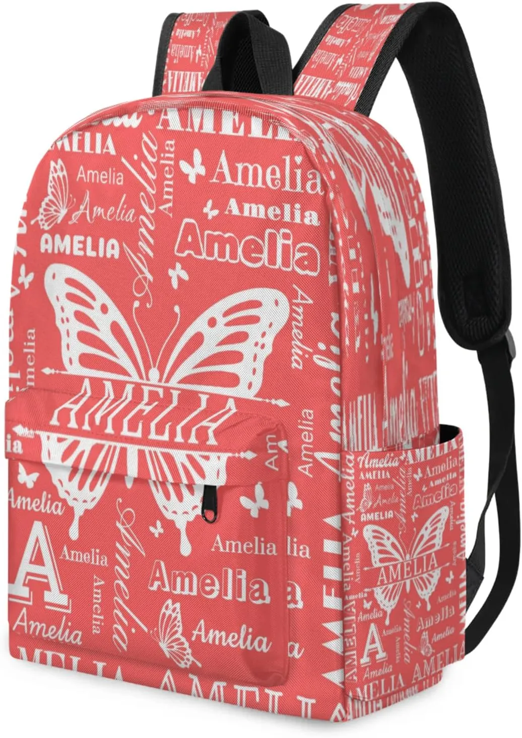 Custom Name Backpack for Travel, Personalized Casual Backpacks, Lightweight Custom Butterflies Daypack Bags with Chest Strap, Coral Red