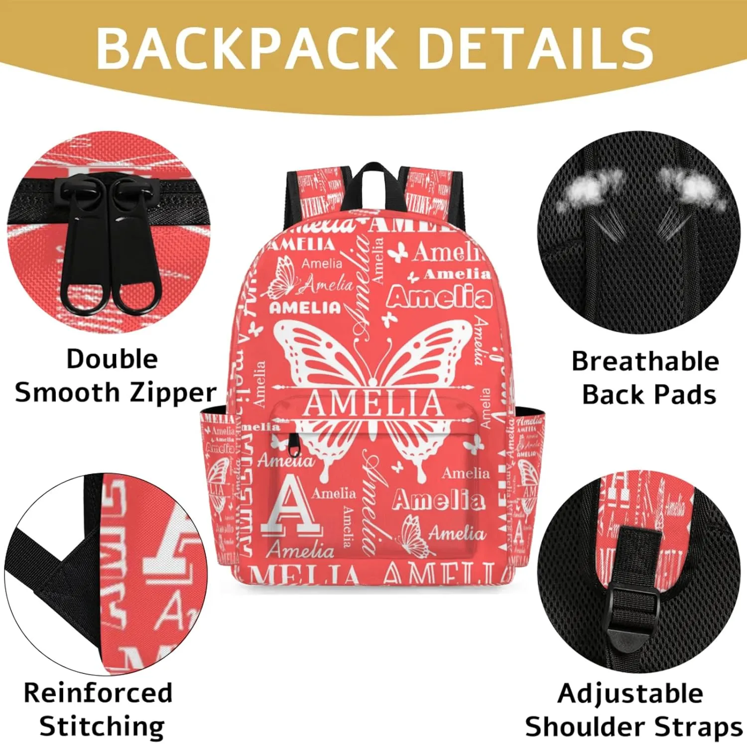Custom Name Backpack for Travel, Personalized Casual Backpacks, Lightweight Custom Butterflies Daypack Bags with Chest Strap, Coral Red