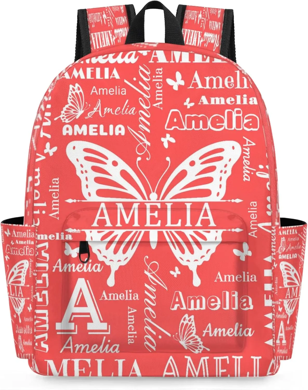 Custom Name Backpack for Travel, Personalized Casual Backpacks, Lightweight Custom Butterflies Daypack Bags with Chest Strap, Coral Red