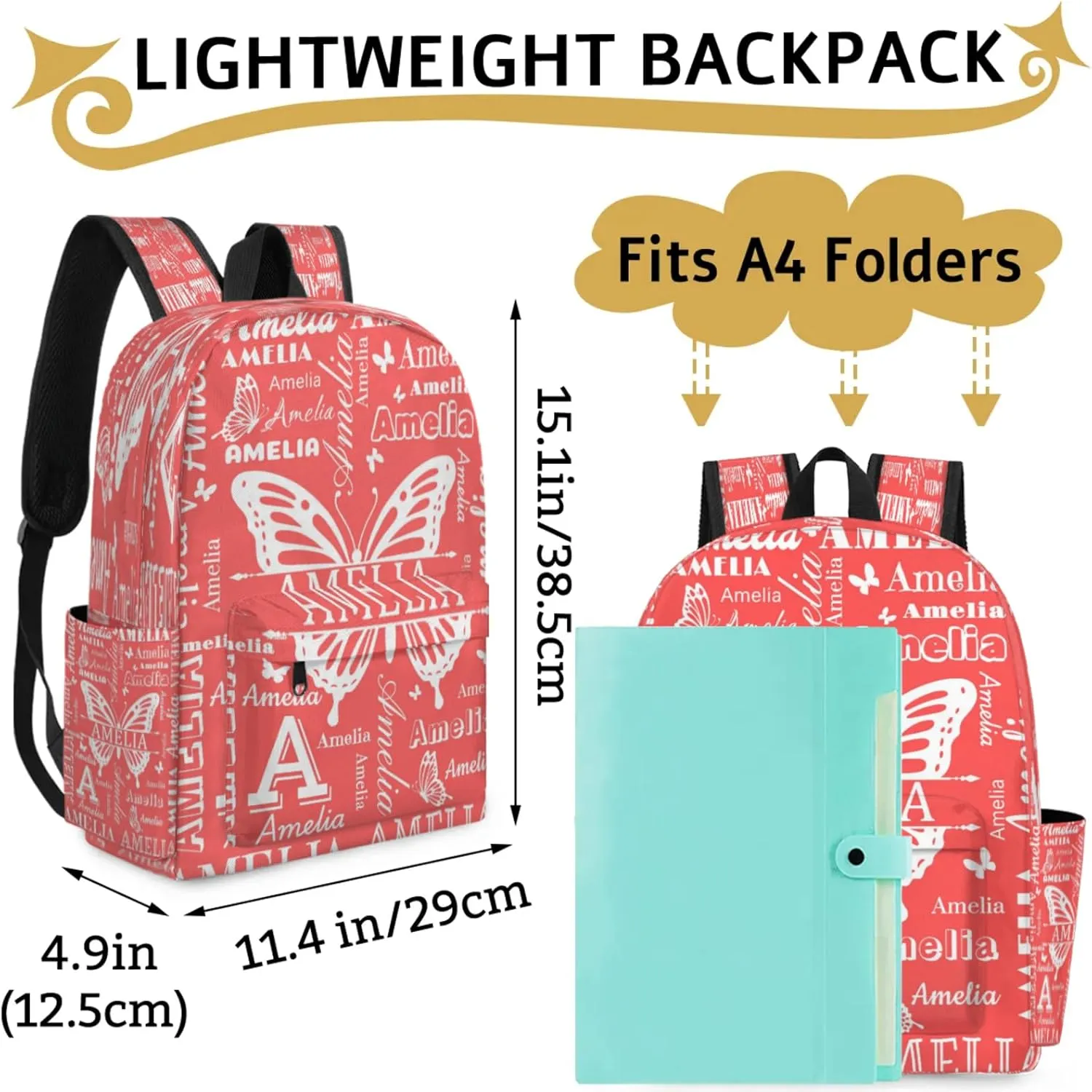 Custom Name Backpack for Travel, Personalized Casual Backpacks, Lightweight Custom Butterflies Daypack Bags with Chest Strap, Coral Red