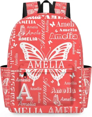 Custom Name Backpack for Travel, Personalized Casual Backpacks, Lightweight Custom Butterflies Daypack Bags with Chest Strap, Coral Red