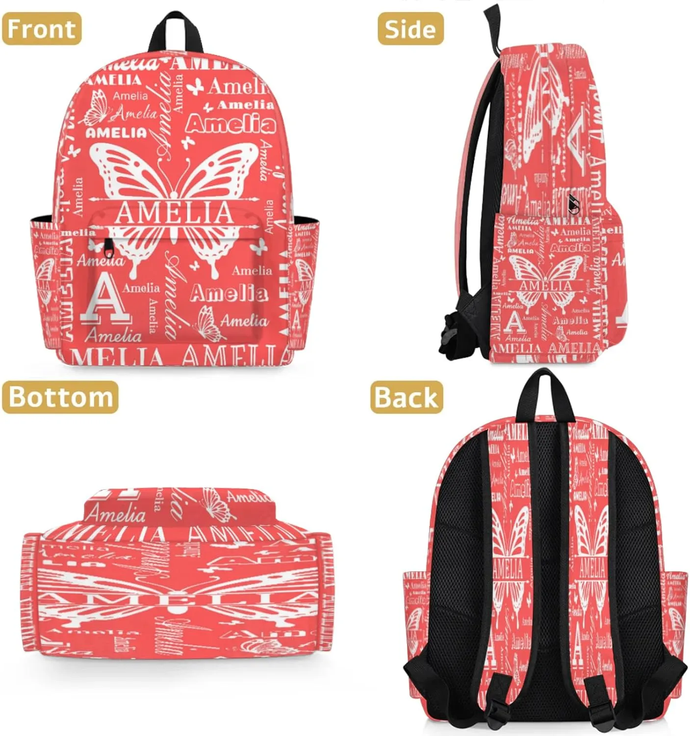 Custom Name Backpack for Travel, Personalized Casual Backpacks, Lightweight Custom Butterflies Daypack Bags with Chest Strap, Coral Red