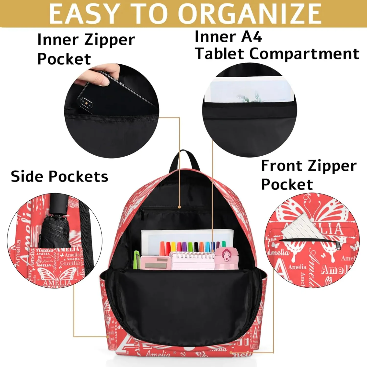 Custom Name Backpack for Travel, Personalized Casual Backpacks, Lightweight Custom Butterflies Daypack Bags with Chest Strap, Coral Red