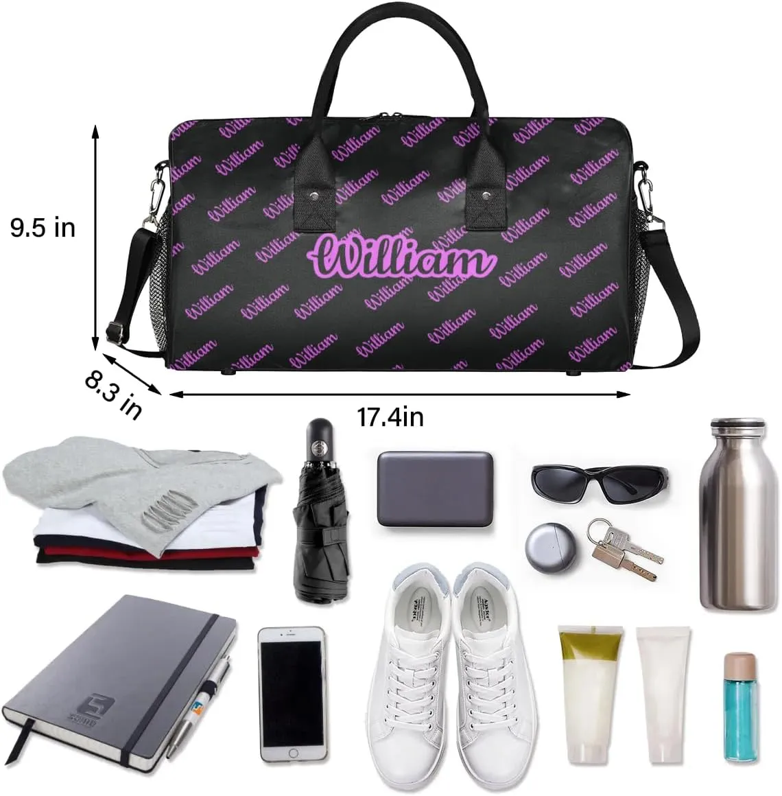 Custom Name Duffel Bag Personalized Sports Bag Dance Gym Bags Travel Overnight Carry-On Duffel Bag for Women Men Waterproof, Black