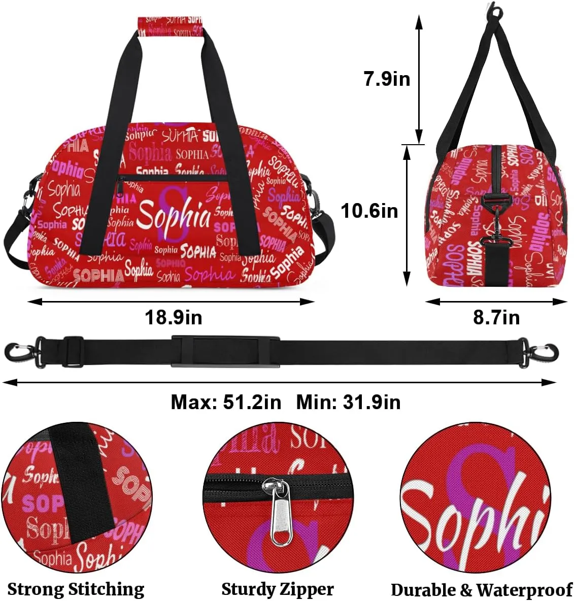 Custom Named Dance Ballet Bag Girls, Gym Bag Sports Travel Duffle Bag Tote Dancer Carry On Weekend Sports Travel Bag, Red Color