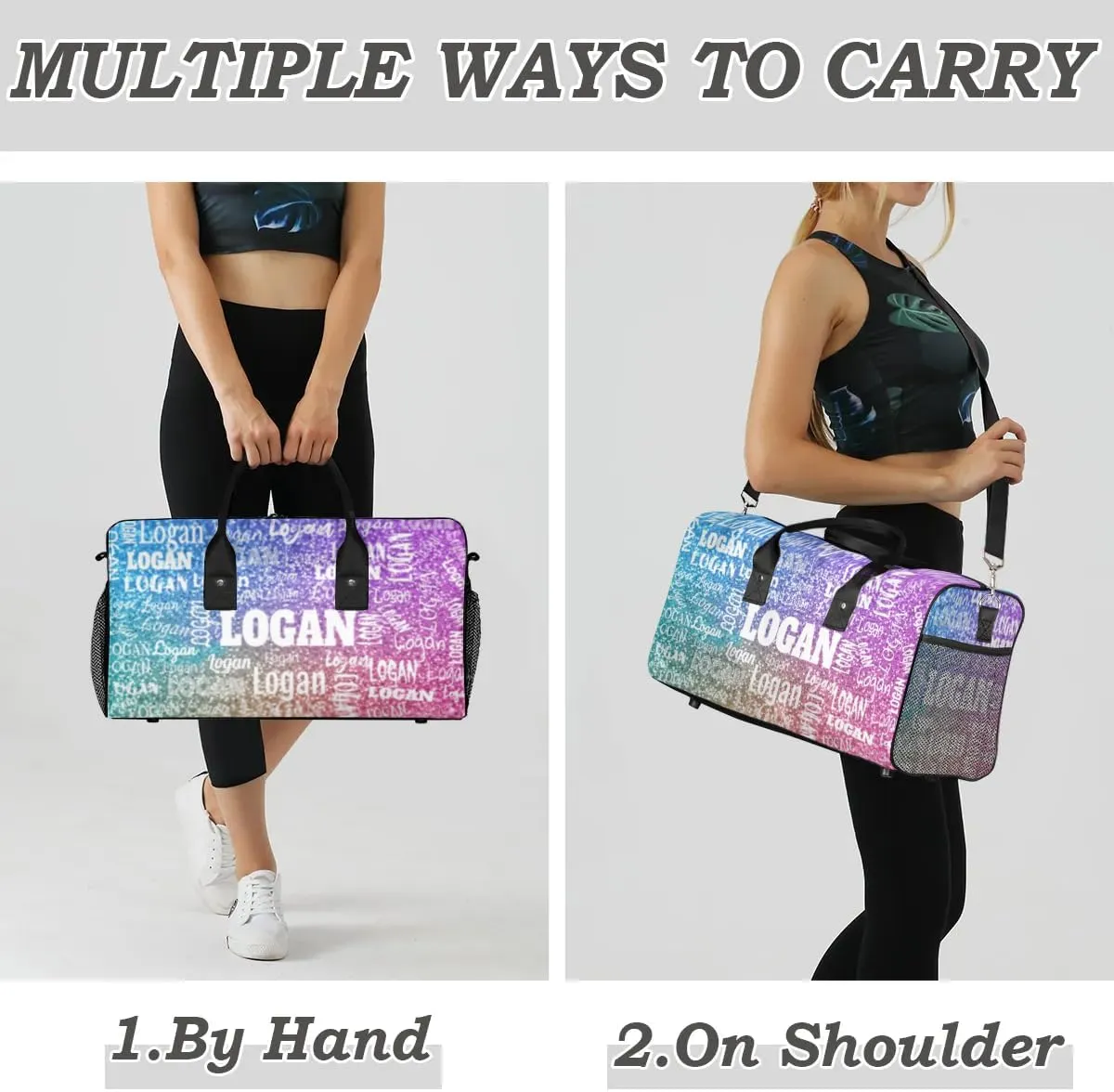 Custom Named Dance Ballet Bag Women, Gym Bag Sports Travel Duffle Bag Tote Carry On Weekend Sports Travel Bag, Gradient Blue and Purple Gemstone Glittering