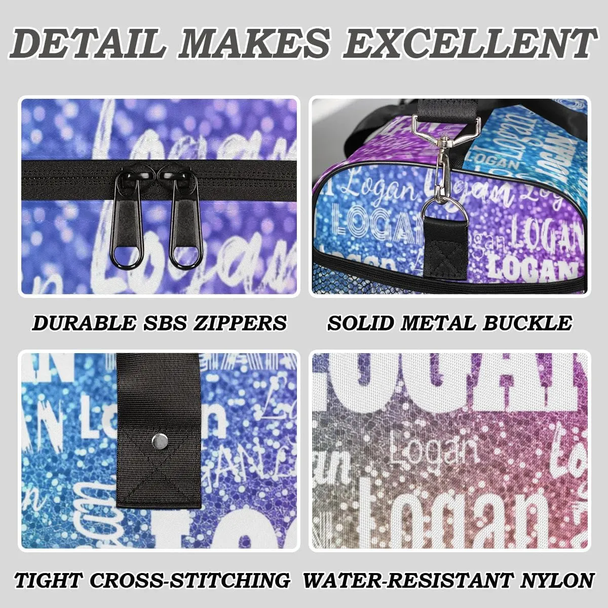 Custom Named Dance Ballet Bag Women, Gym Bag Sports Travel Duffle Bag Tote Carry On Weekend Sports Travel Bag, Gradient Blue and Purple Gemstone Glittering