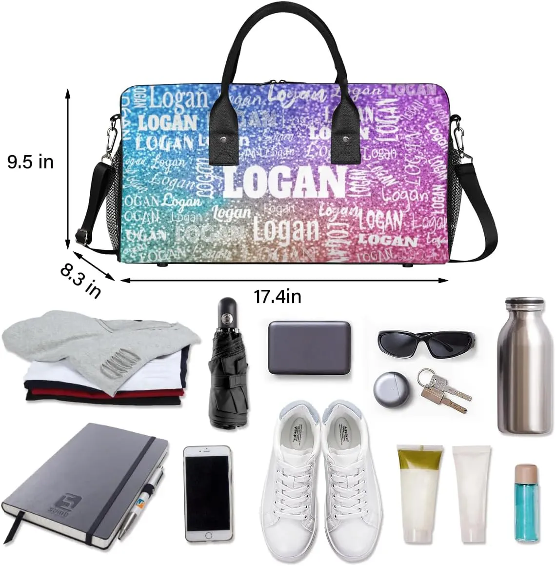 Custom Named Dance Ballet Bag Women, Gym Bag Sports Travel Duffle Bag Tote Carry On Weekend Sports Travel Bag, Gradient Blue and Purple Gemstone Glittering