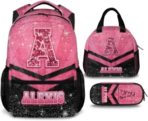 Custom School Backpack Set for Girls 3-10, Personalized Glitter Initial Name Backpack for Kids Kindergarten Preschool Primary, 17 Inch Black & Pink Student Cheerleader Bookbag for Travel Work School