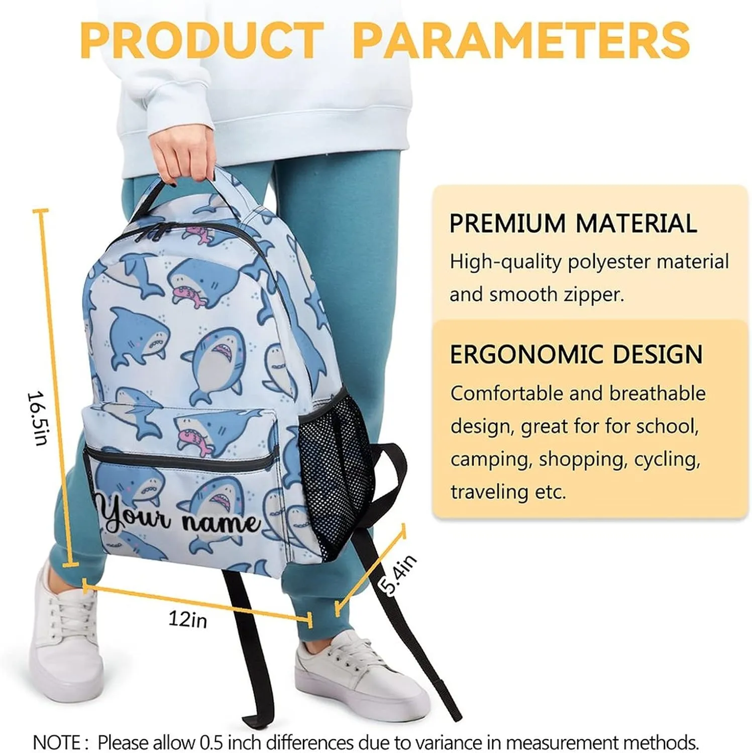Custom Shark Backpack for Girls Boys - 16 Inch Blue Backpacks for School - Cute Lightweight Durable Bookbag for Kids