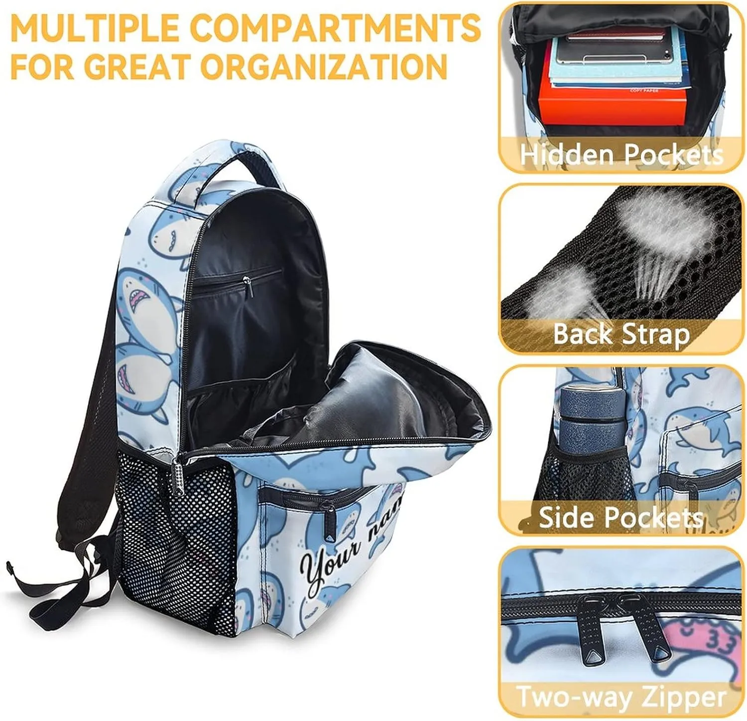 Custom Shark Backpack for Girls Boys - 16 Inch Blue Backpacks for School - Cute Lightweight Durable Bookbag for Kids