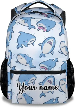 Custom Shark Backpack for Girls Boys - 16 Inch Blue Backpacks for School - Cute Lightweight Durable Bookbag for Kids