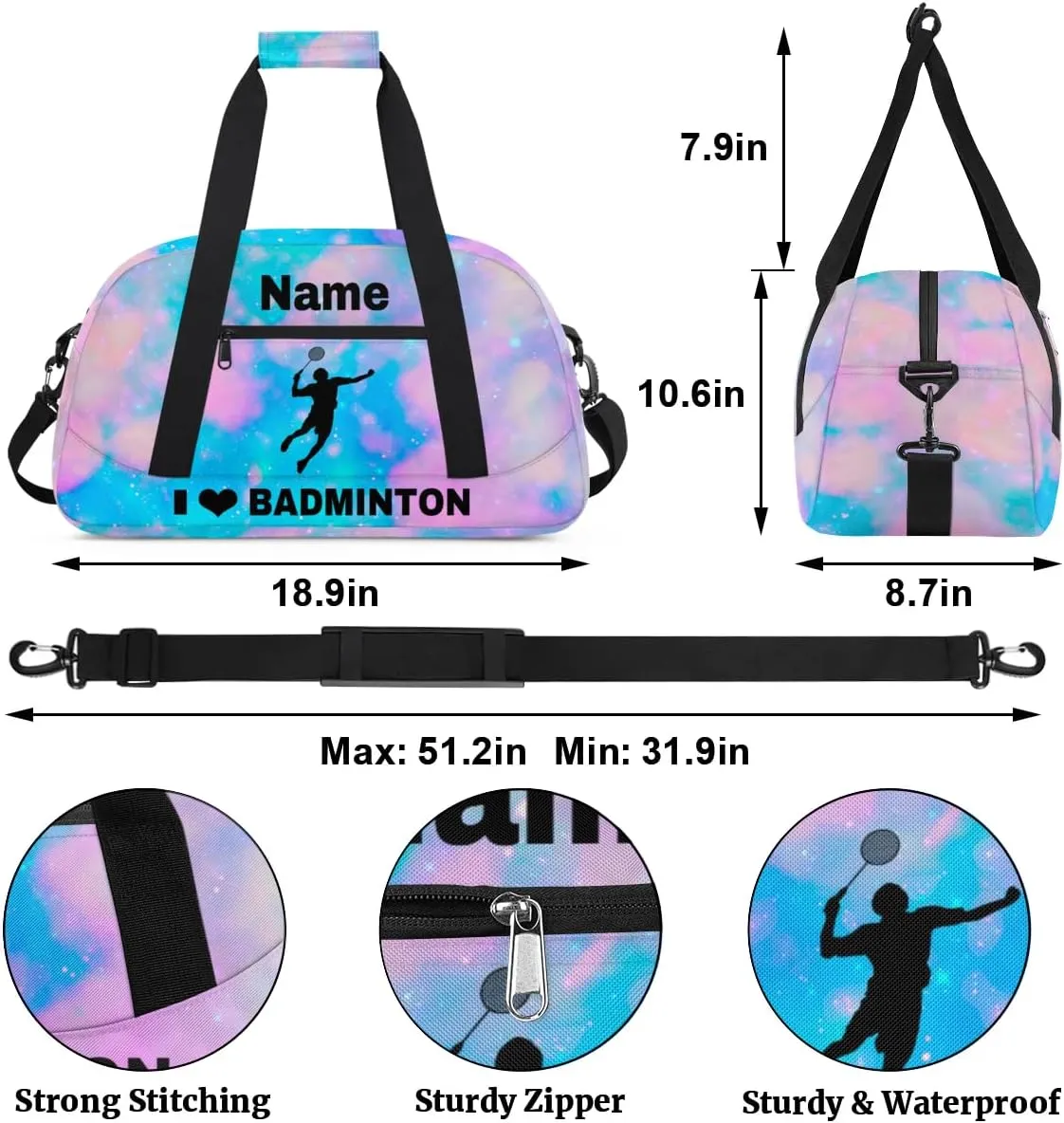 Custom Sport Duffel Bag Badminton Personalized Name Sports Bag Overnight Weekender Bag Waterproof Travel Sport Gym Bags, Blue Pink Glitter