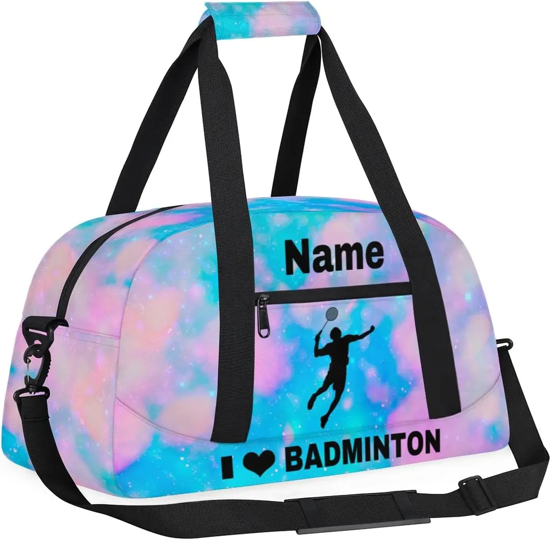 Custom Sport Duffel Bag Badminton Personalized Name Sports Bag Overnight Weekender Bag Waterproof Travel Sport Gym Bags, Blue Pink Glitter
