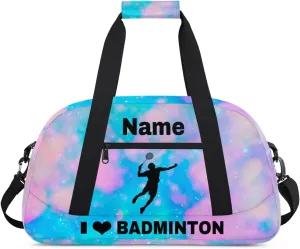 Custom Sport Duffel Bag Badminton Personalized Name Sports Bag Overnight Weekender Bag Waterproof Travel Sport Gym Bags, Blue Pink Glitter