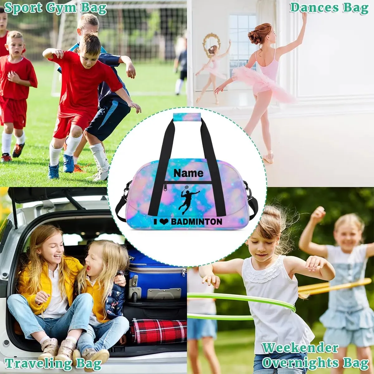 Custom Sport Duffel Bag Badminton Personalized Name Sports Bag Overnight Weekender Bag Waterproof Travel Sport Gym Bags, Blue Pink Glitter