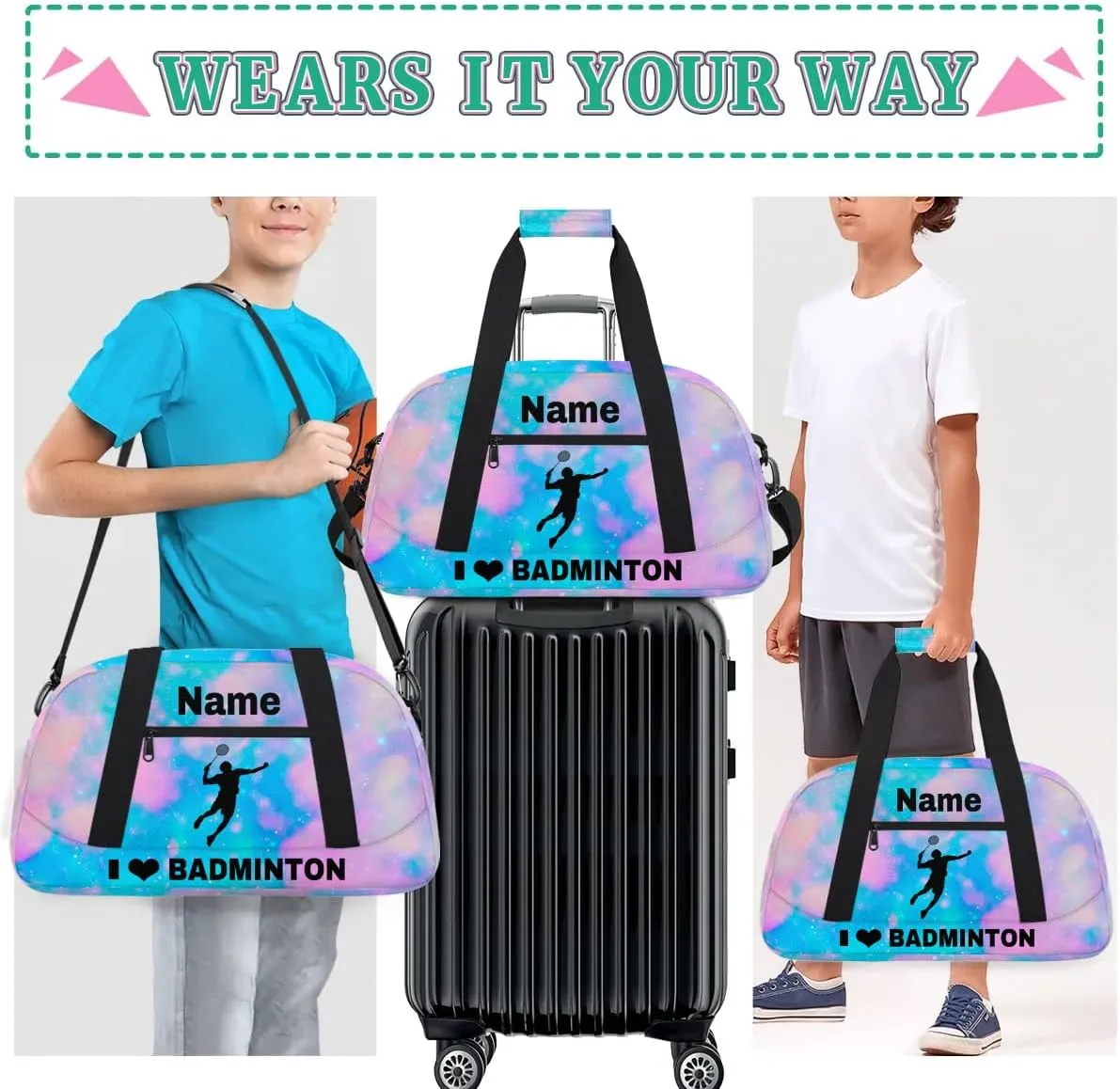 Custom Sport Duffel Bag Badminton Personalized Name Sports Bag Overnight Weekender Bag Waterproof Travel Sport Gym Bags, Blue Pink Glitter