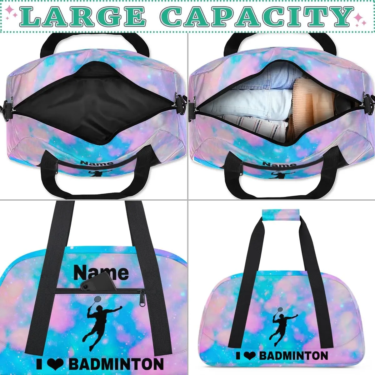 Custom Sport Duffel Bag Badminton Personalized Name Sports Bag Overnight Weekender Bag Waterproof Travel Sport Gym Bags, Blue Pink Glitter