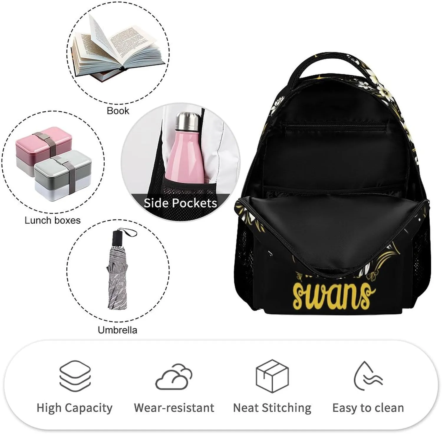 Custom Swan Backpack for Kids Girls Boys School, 16 Inches Cute Swans Theme Bookbag, Adjustable, Lightweight, Large Capacity, Colorful Daily Casual Backpacks