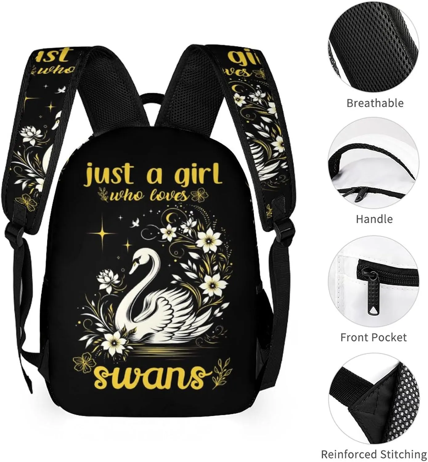 Custom Swan Backpack for Kids Girls Boys School, 16 Inches Cute Swans Theme Bookbag, Adjustable, Lightweight, Large Capacity, Colorful Daily Casual Backpacks
