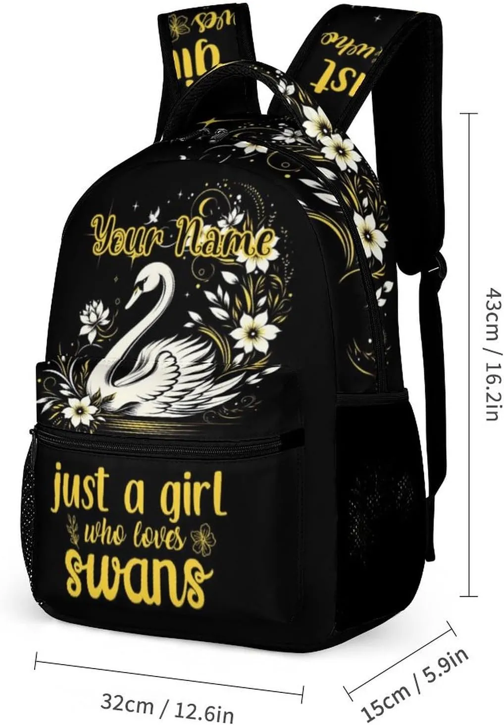 Custom Swan Backpack for Kids Girls Boys School, 16 Inches Cute Swans Theme Bookbag, Adjustable, Lightweight, Large Capacity, Colorful Daily Casual Backpacks