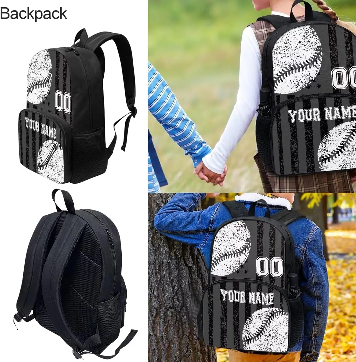 Customized Baseball Design School Bookbag, Personalized Set of 4 School Bag Backpacks Lunch Box Messenger Bag Pen Carrying Case, Black American Flag