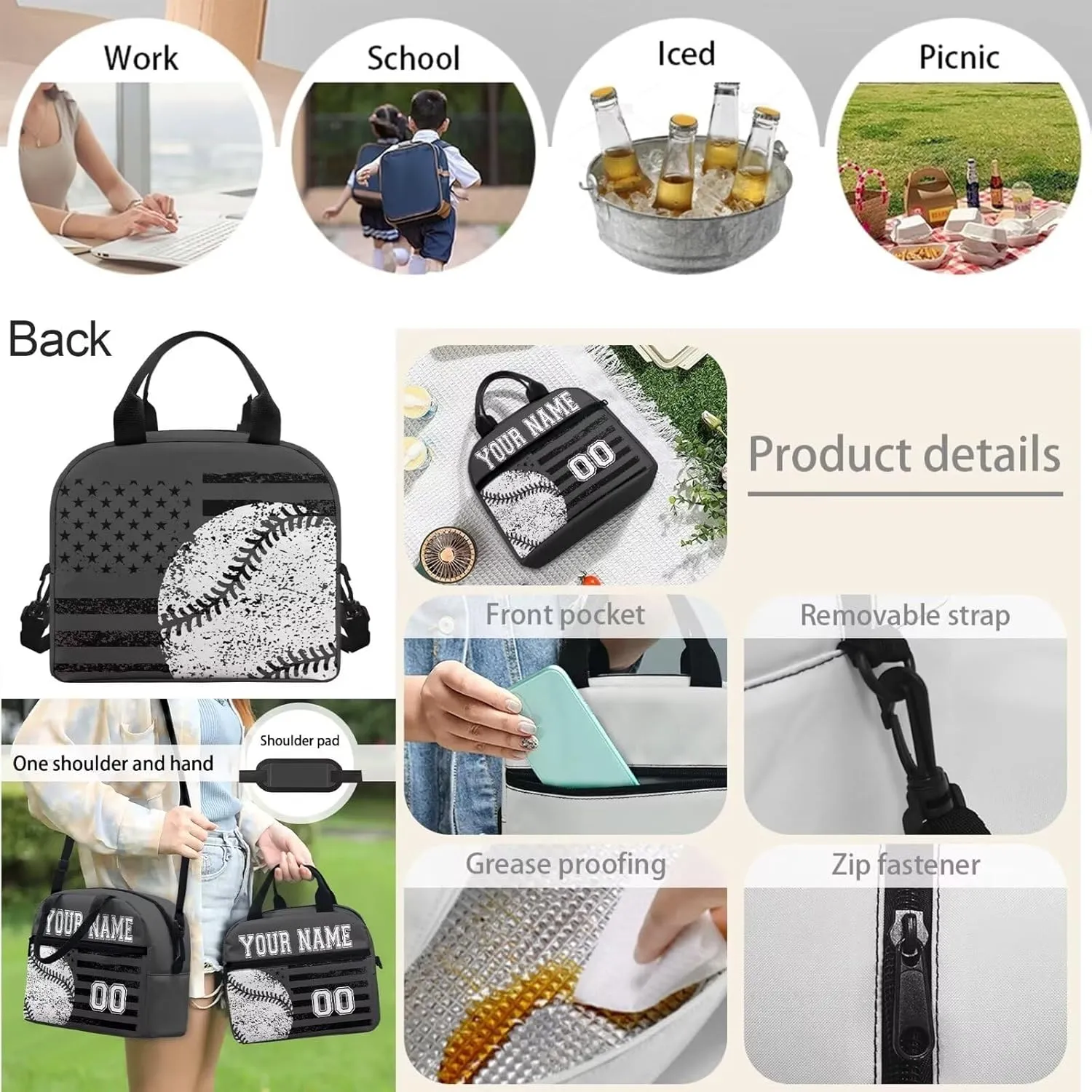 Customized Baseball Design School Bookbag, Personalized Set of 4 School Bag Backpacks Lunch Box Messenger Bag Pen Carrying Case, Black American Flag