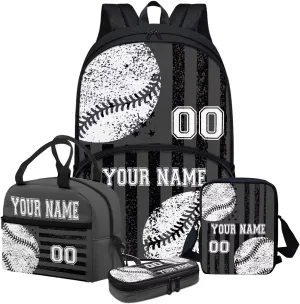 Customized Baseball Design School Bookbag, Personalized Set of 4 School Bag Backpacks Lunch Box Messenger Bag Pen Carrying Case, Black American Flag