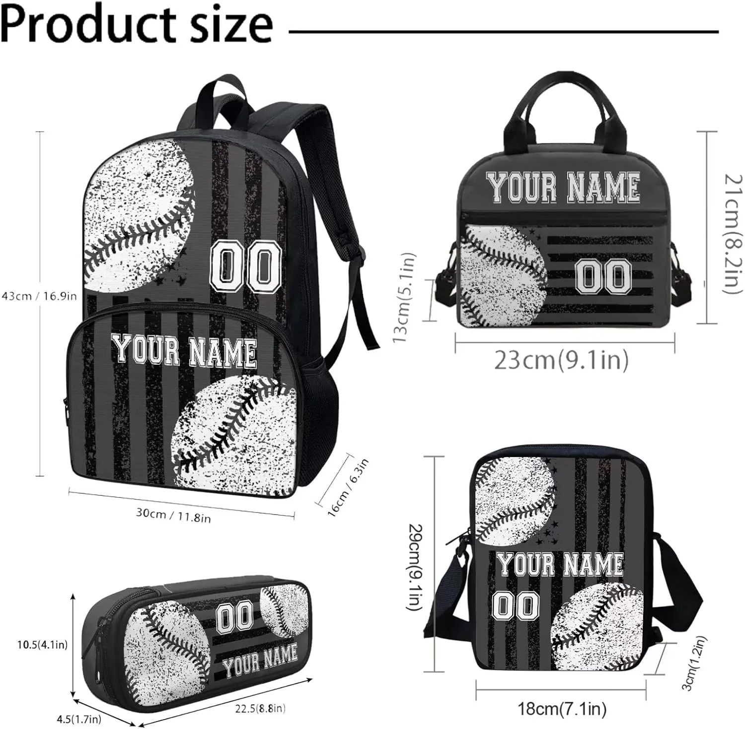 Customized Baseball Design School Bookbag, Personalized Set of 4 School Bag Backpacks Lunch Box Messenger Bag Pen Carrying Case, Black American Flag