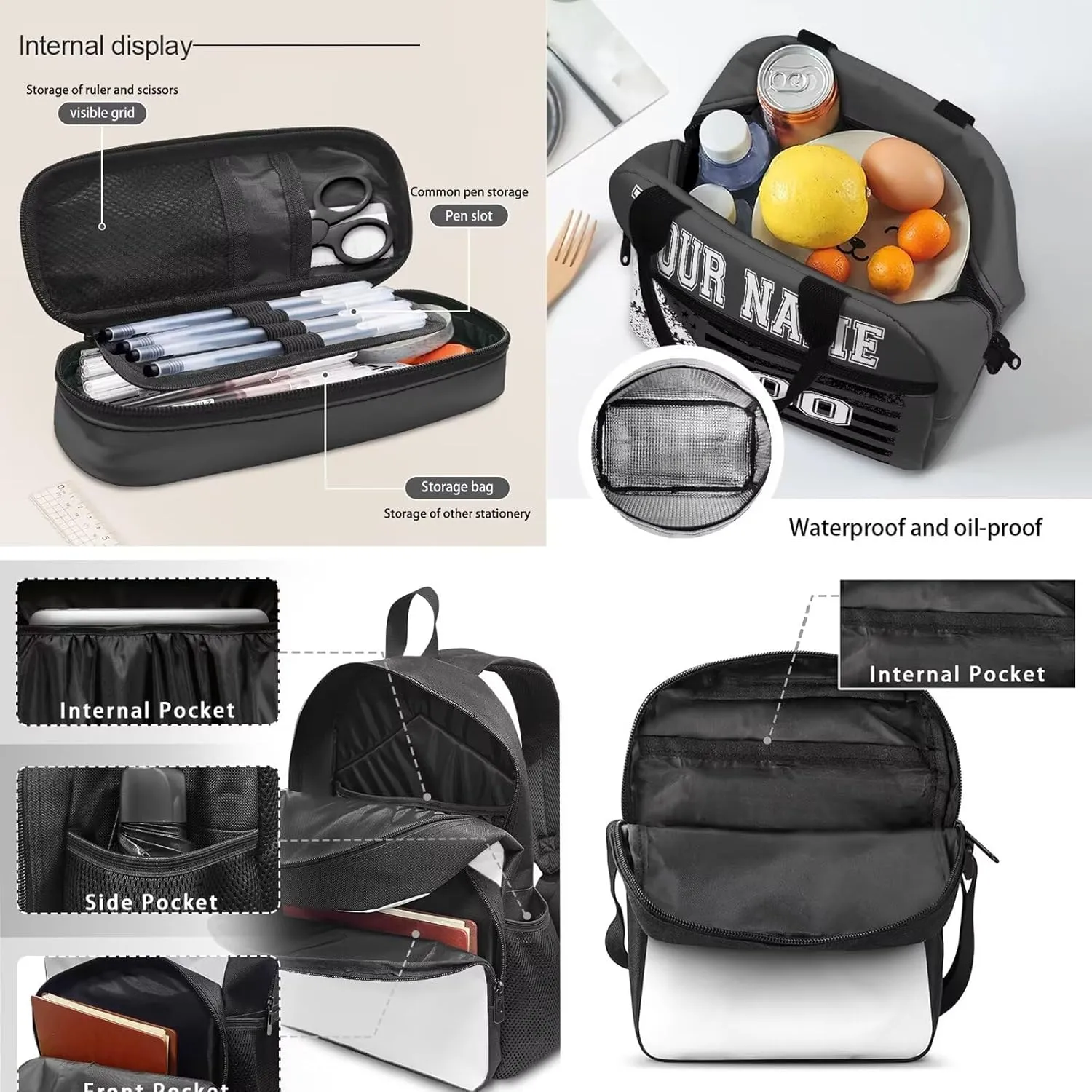Customized Baseball Design School Bookbag, Personalized Set of 4 School Bag Backpacks Lunch Box Messenger Bag Pen Carrying Case, Black American Flag