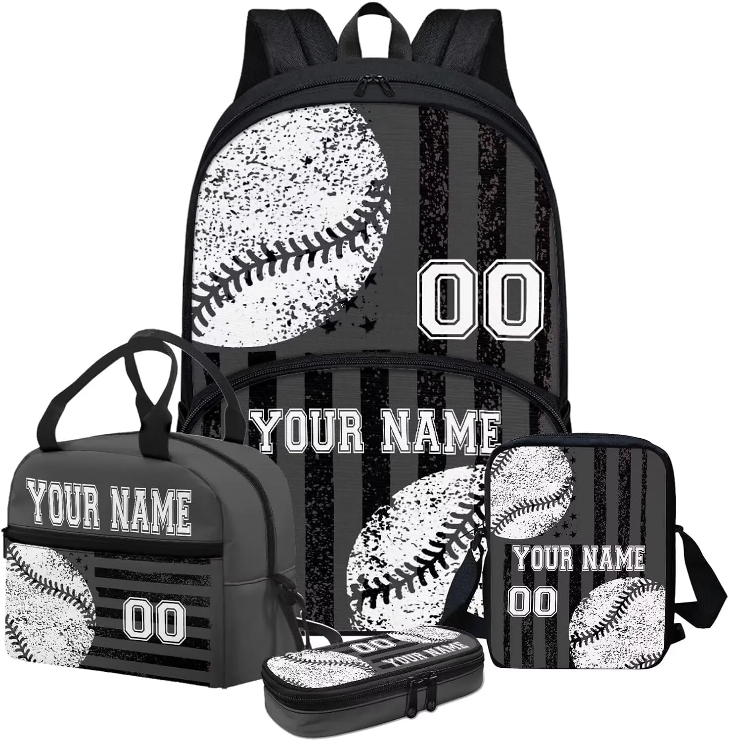 Customized Baseball Design School Bookbag, Personalized Set of 4 School Bag Backpacks Lunch Box Messenger Bag Pen Carrying Case, Black American Flag