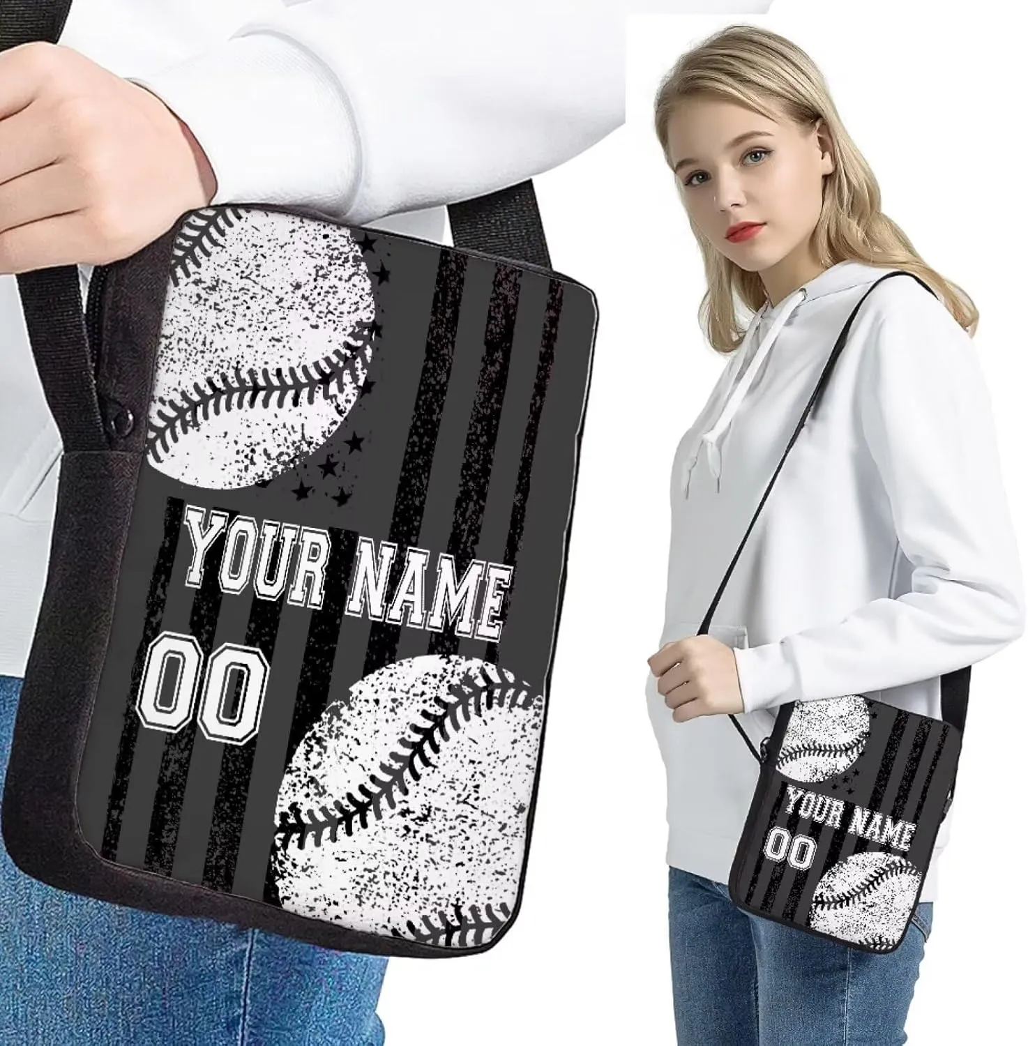 Customized Baseball Design School Bookbag, Personalized Set of 4 School Bag Backpacks Lunch Box Messenger Bag Pen Carrying Case, Black American Flag