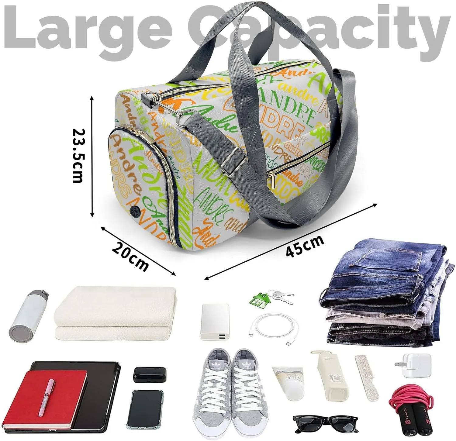 Customized Travel Duffel Bag with Name Grey Personalized Sports Gym Bag Waterproof Weekend Luggage Bag