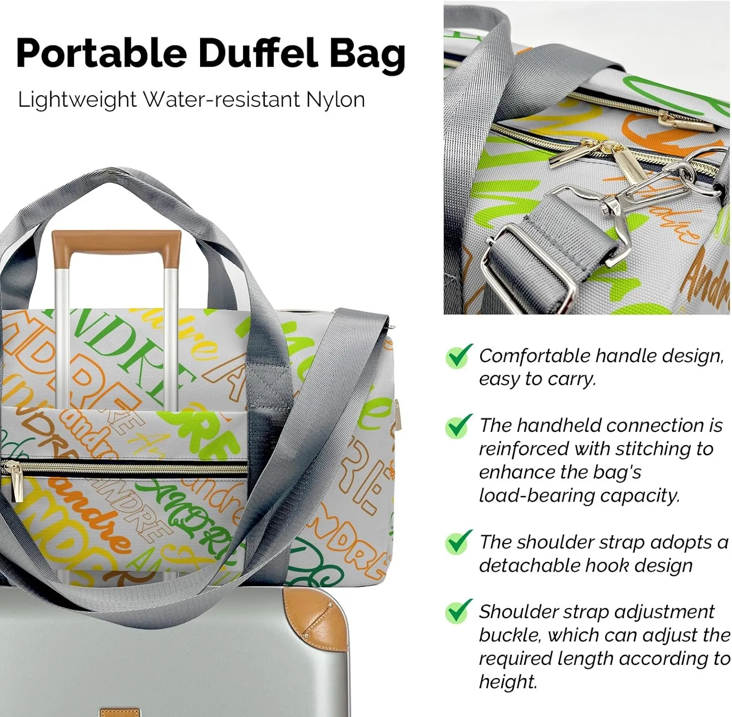 Customized Travel Duffel Bag with Name Grey Personalized Sports Gym Bag Waterproof Weekend Luggage Bag