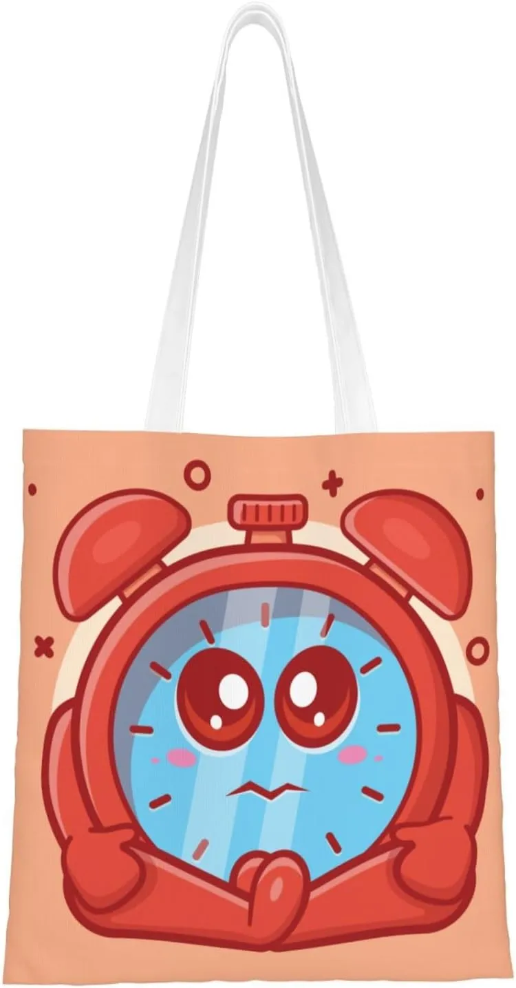 Cute Alarm Clock Tote Bag for Women Canvas Shopping Bags Reusable Large Capacity Casual Shoulder Handbags Grocery Bags DIY Gift Bags