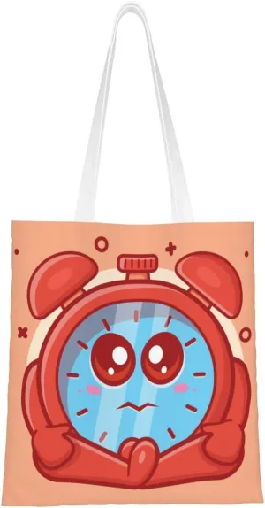 Cute Alarm Clock Tote Bag for Women Canvas Shopping Bags Reusable Large Capacity Casual Shoulder Handbags Grocery Bags DIY Gift Bags