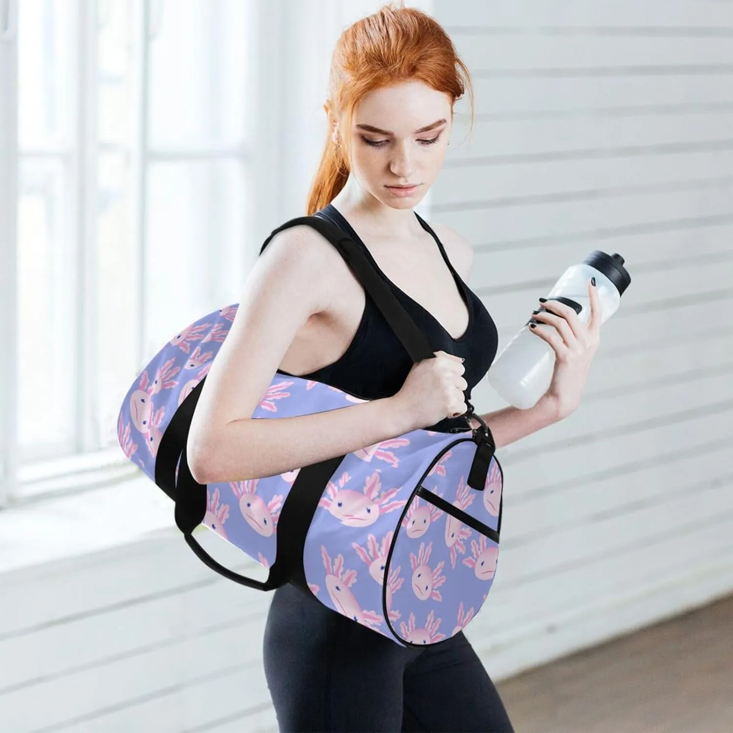 Cute Axolotl Salamander Round Duffel Sports Bag Lightweight with Inner Pocket Gym Bag for Men Women Duffle Bag for Travel Sports