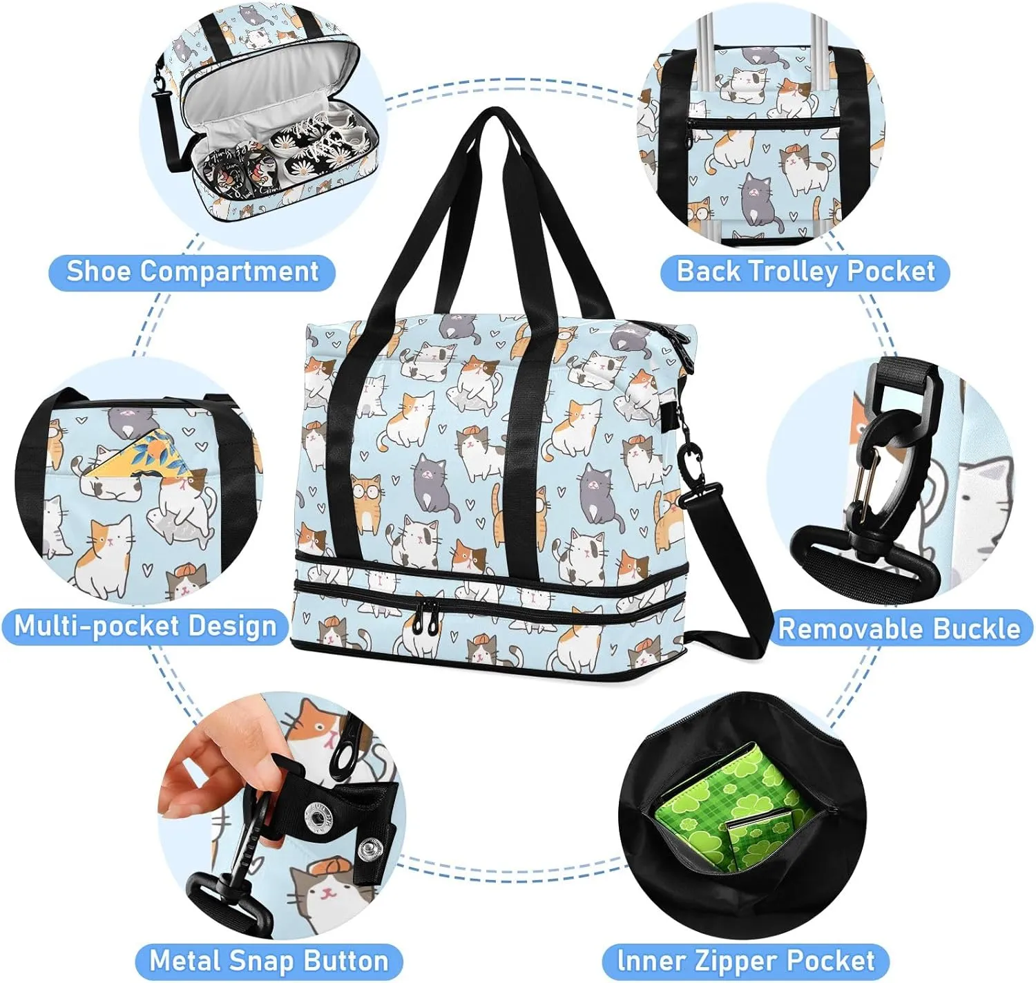 Cute Cat Design Travel Tote for Women Expandable Duffle Bag Gym, Airplane Personal Item Bag