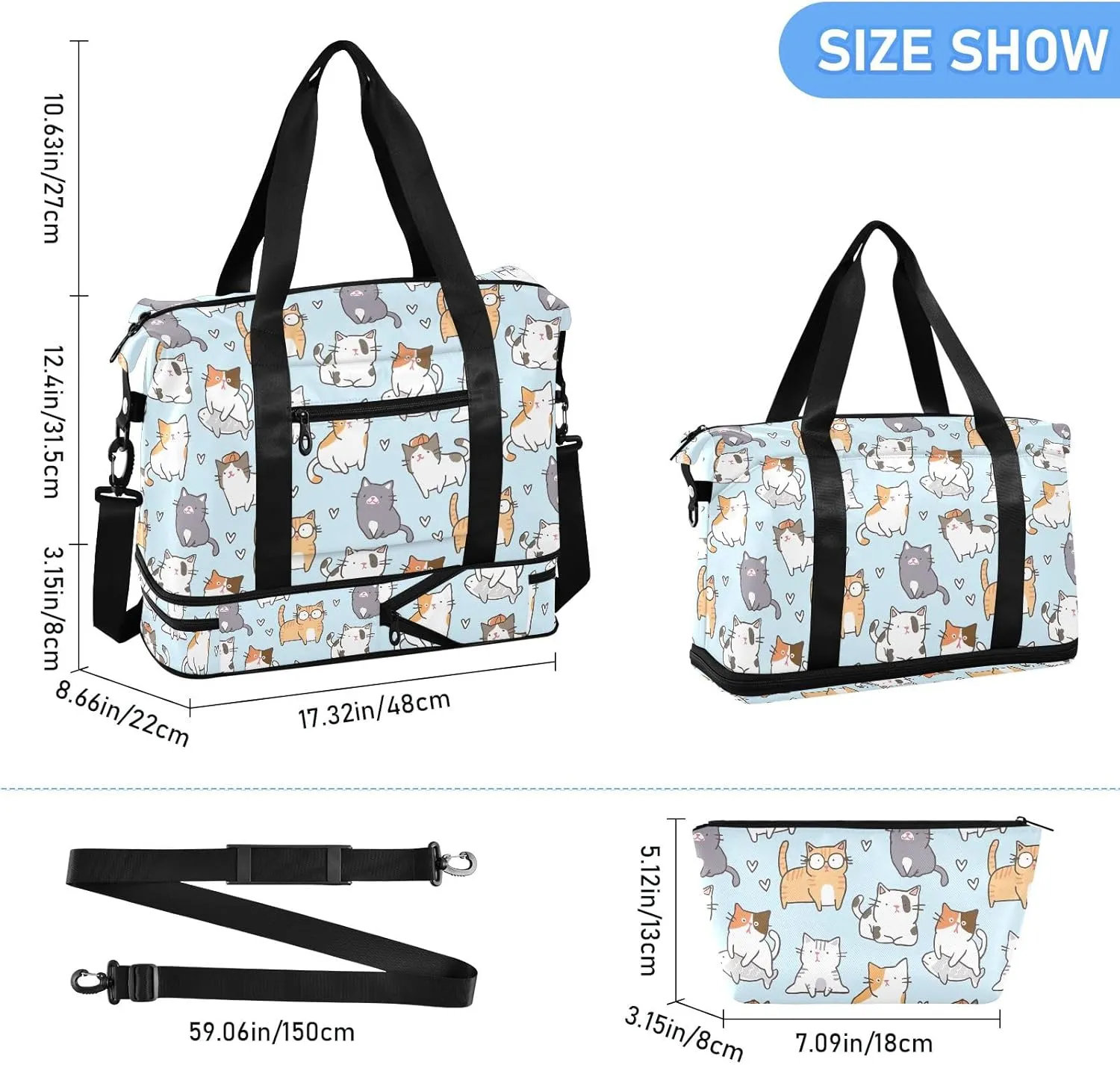 Cute Cat Design Travel Tote for Women Expandable Duffle Bag Gym, Airplane Personal Item Bag